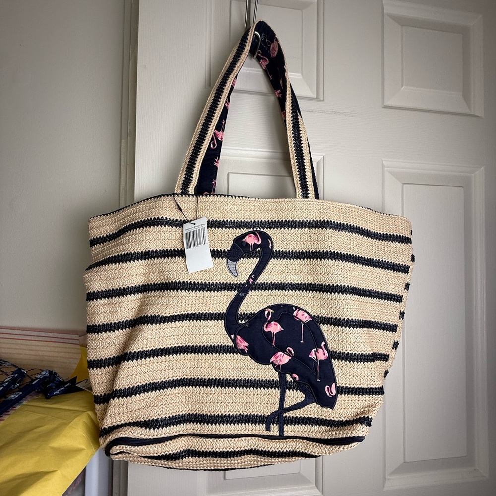 NWT Vera Bradley Flamingo Fiesta Seashore Beach Bag Straw Tote Retired RARE!
